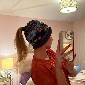 Furry inside hat with ponytail holder